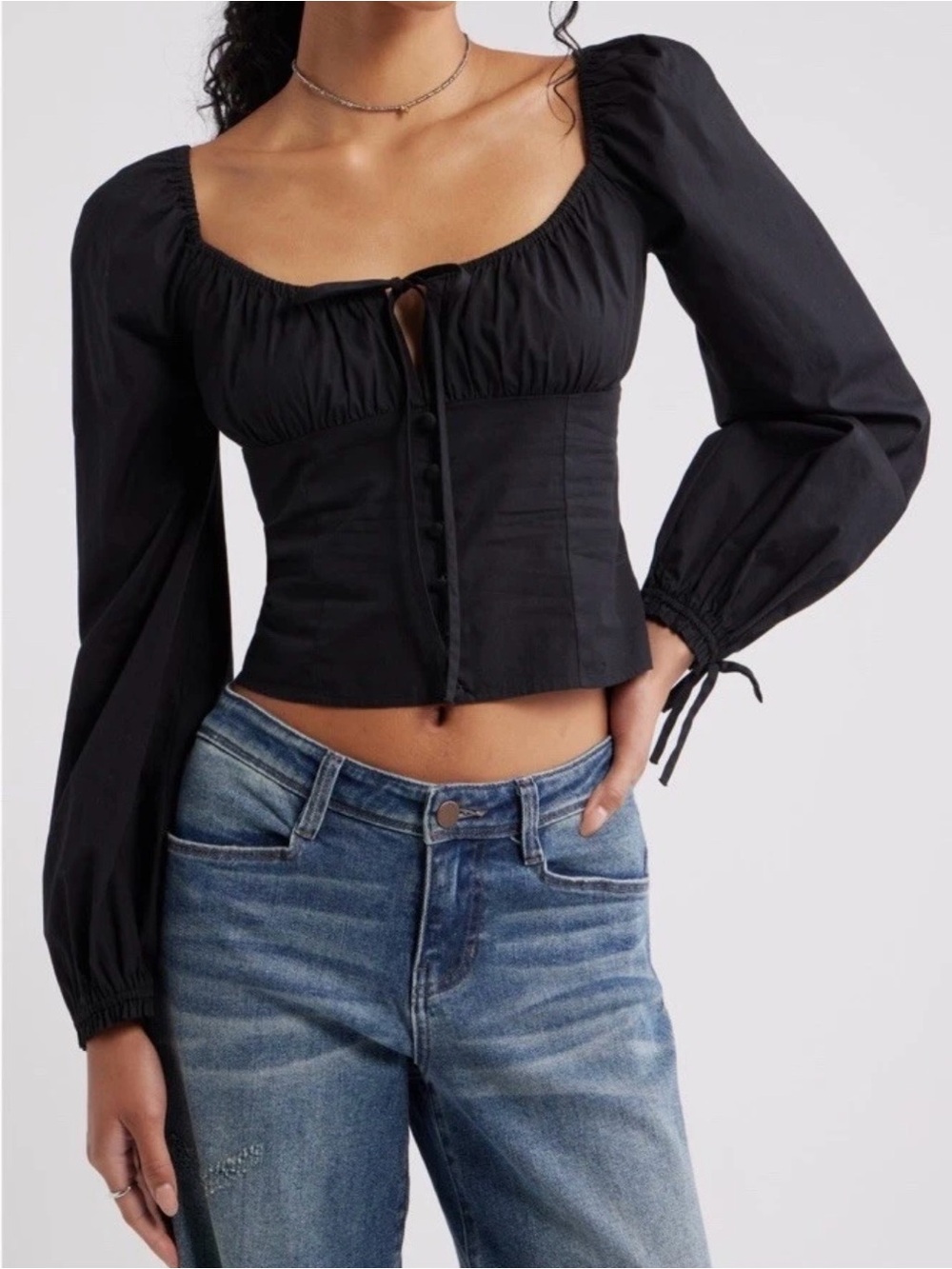 BP. 100% Cotton Long Sleeve Corset Crop Top Solid Black Women's XS NWT